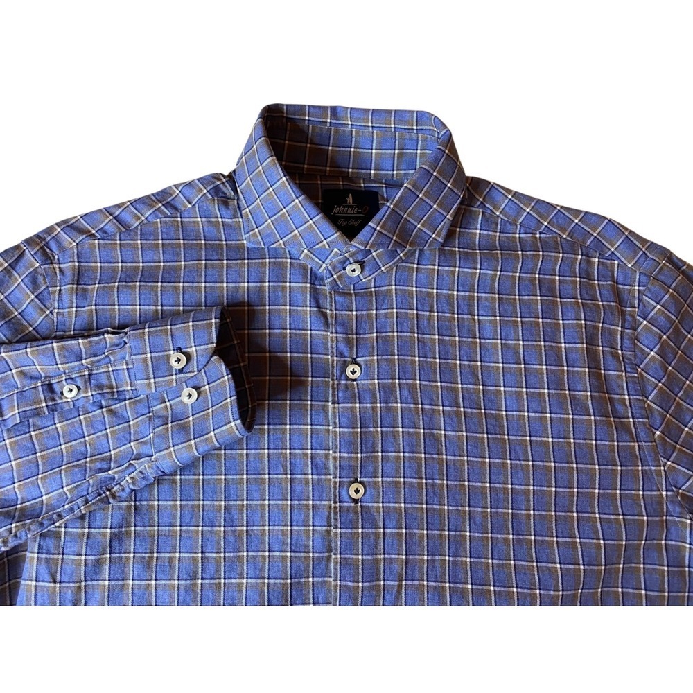 Johnnie O Top Shelf Button Up Shirt Mens Medium Blue Plaid Long Sleeve EUC